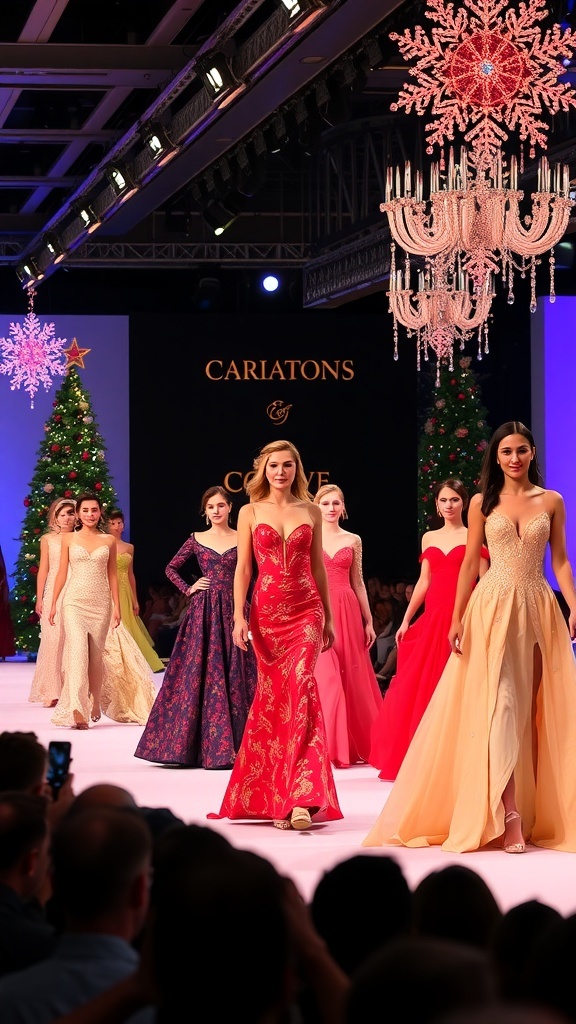 Models walking the runway in elegant Christmas dresses during a festive fashion show.